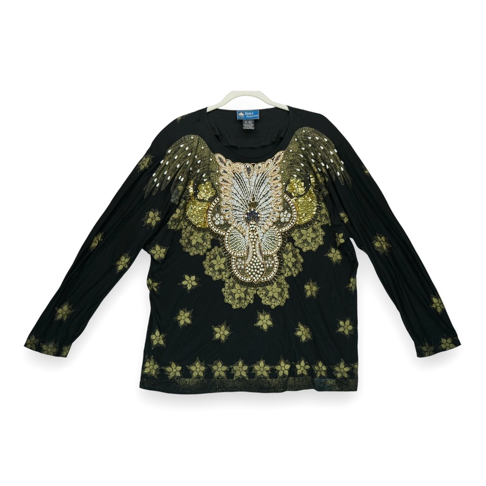 Bali Collection Women's Long Sleeve Crew Neck Blouse Black Beaded One Size